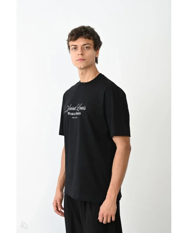 ERKEK Bisiklet Yaka Baskılı Oversize T-Shirt - Siyah