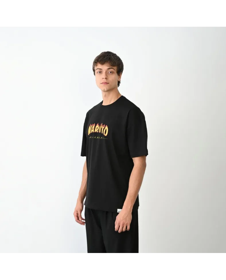 Erkek Bisiklet Yaka Baskılı Oversize T-Shirt - Siyah