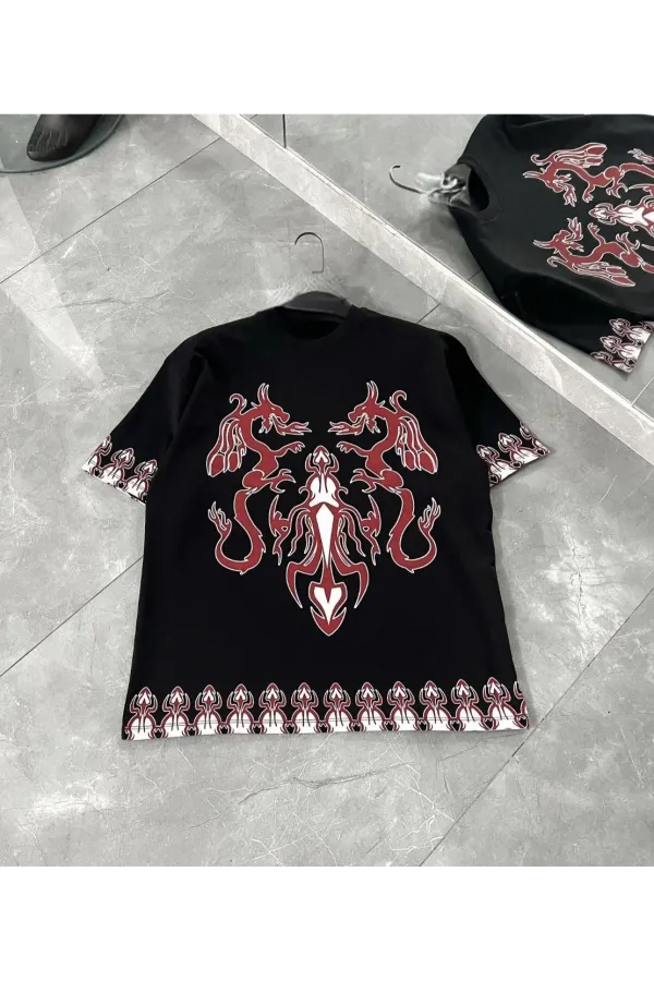 Erkek  Kısa kol  Bisiklet Yaka Baskılı Oversize T-Shirt - Siyah