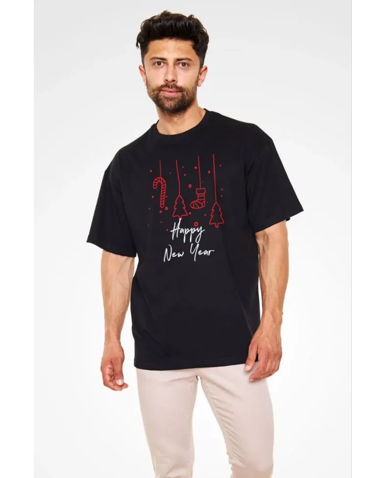 Erkek Bisiklet Yaka Baskılı Oversize T-Shirt - Siyah