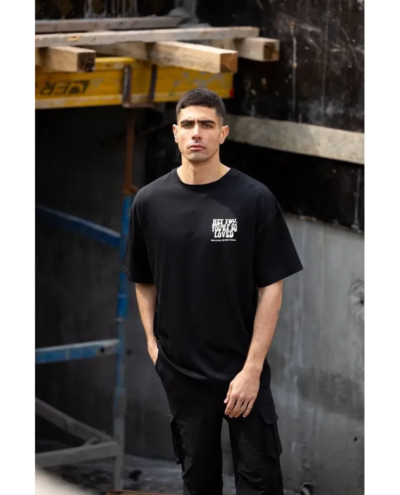 ERKEK Bisiklet Yaka Baskılı Oversize T-Shirt - Siyah