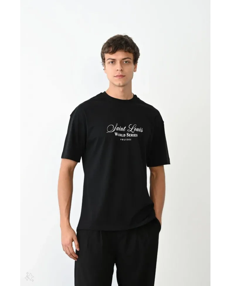 ERKEK Bisiklet Yaka Baskılı Oversize T-Shirt - Siyah