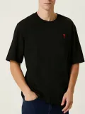 Erkek Kısa Kol Tişört Bisiklet Yaka KALP Baskılı Oversize T-Shirt - Siyah