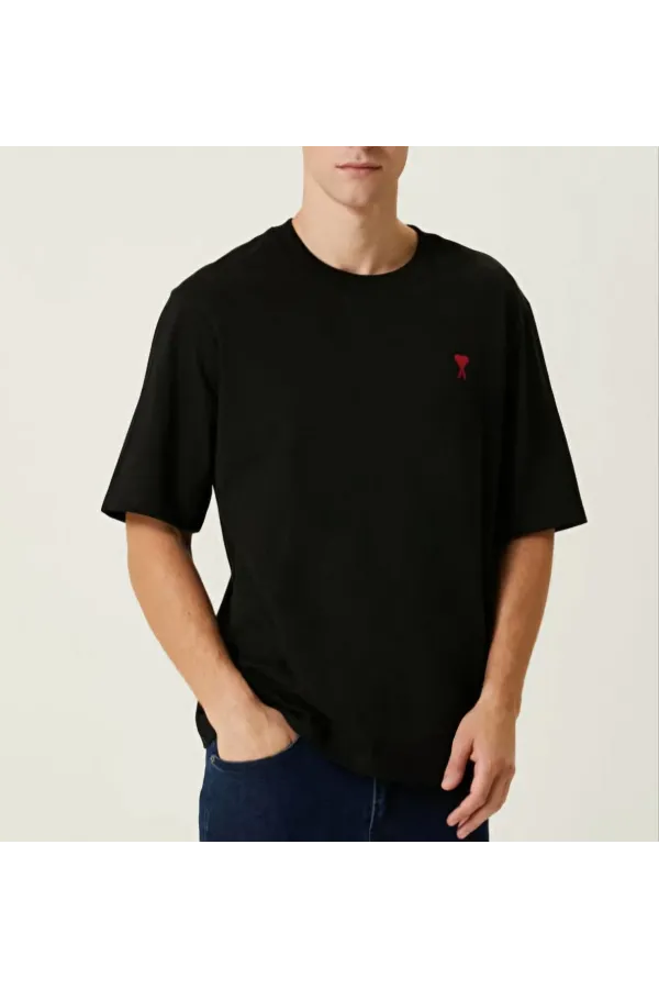 Erkek Kısa Kol Tişört Bisiklet Yaka KALP Baskılı Oversize T-Shirt - Siyah