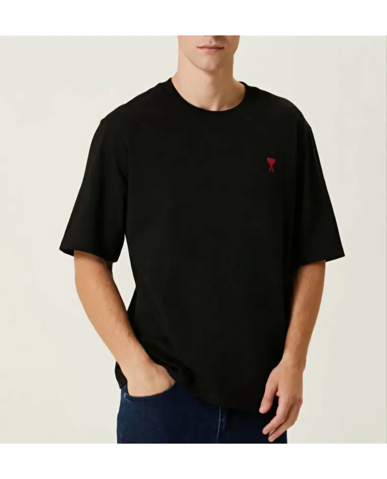 Erkek Kısa Kol Tişört Bisiklet Yaka KALP Baskılı Oversize T-Shirt - Siyah