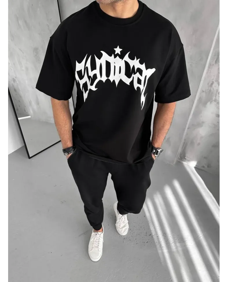 Erkek Bisiklet Yaka Baskılı Oversize T-Shirt - Siyah