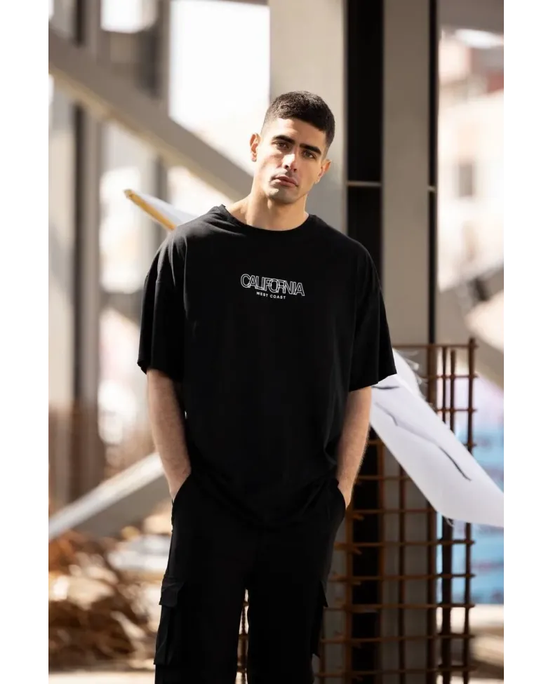 ERKEK Bisiklet Yaka Baskılı Oversize T-Shirt - Siyah