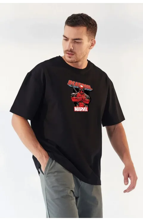 Erkek Baskılı T-Shirt Kısa Kol Bisiklet Yaka Rahat Kalıp Tişört - Siyah