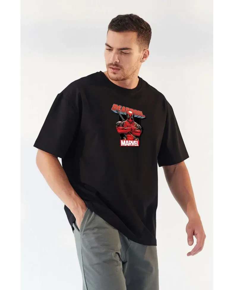 Erkek Baskılı T-Shirt Kısa Kol Bisiklet Yaka Rahat Kalıp Tişört - Siyah