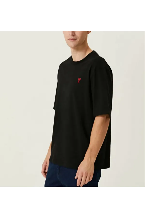 Erkek Kısa Kol Tişört Bisiklet Yaka KALP Baskılı Oversize T-Shirt - Siyah