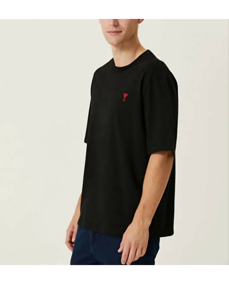 Erkek Kısa Kol Tişört Bisiklet Yaka KALP Baskılı Oversize T-Shirt - Siyah