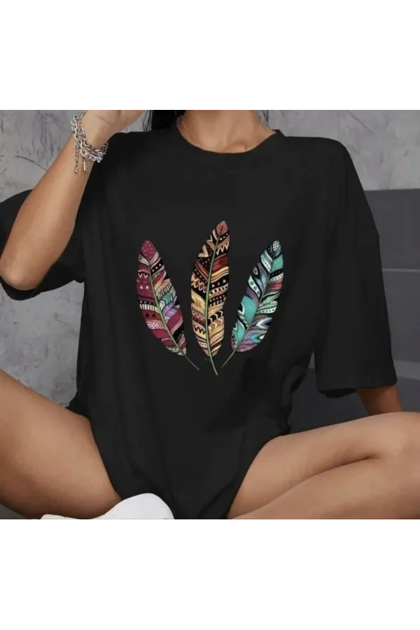 kadın  Bisiklet Yaka Baskılı Oversize T-Shirt - Siyah