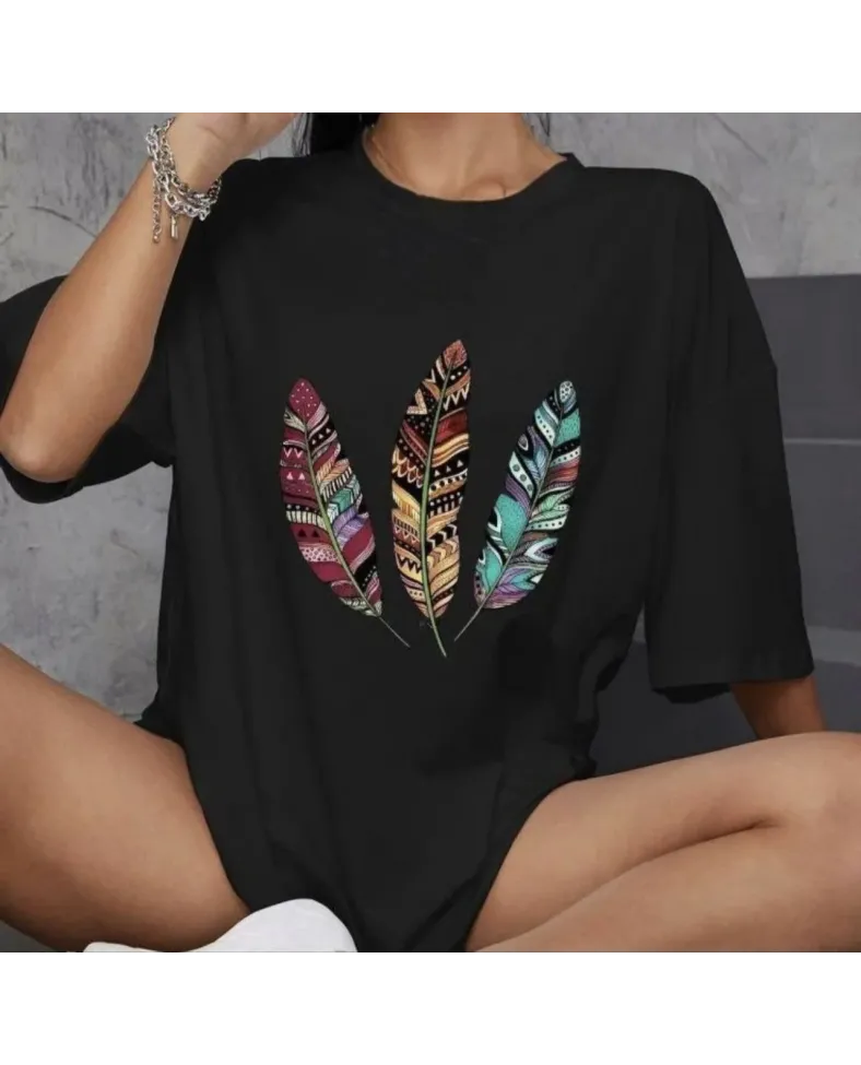 kadın  Bisiklet Yaka Baskılı Oversize T-Shirt - Siyah