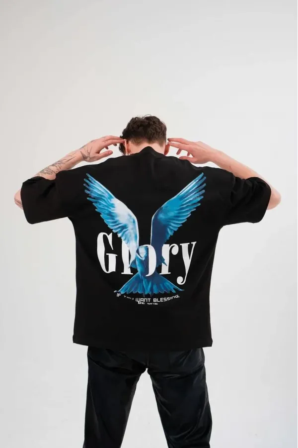 Erkek Bisiklet Yaka Baskılı Oversize T-Shirt - Siyah