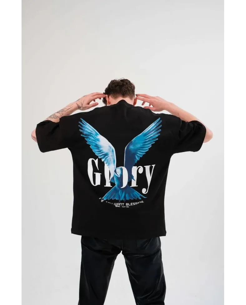 Erkek Bisiklet Yaka Baskılı Oversize T-Shirt - Siyah