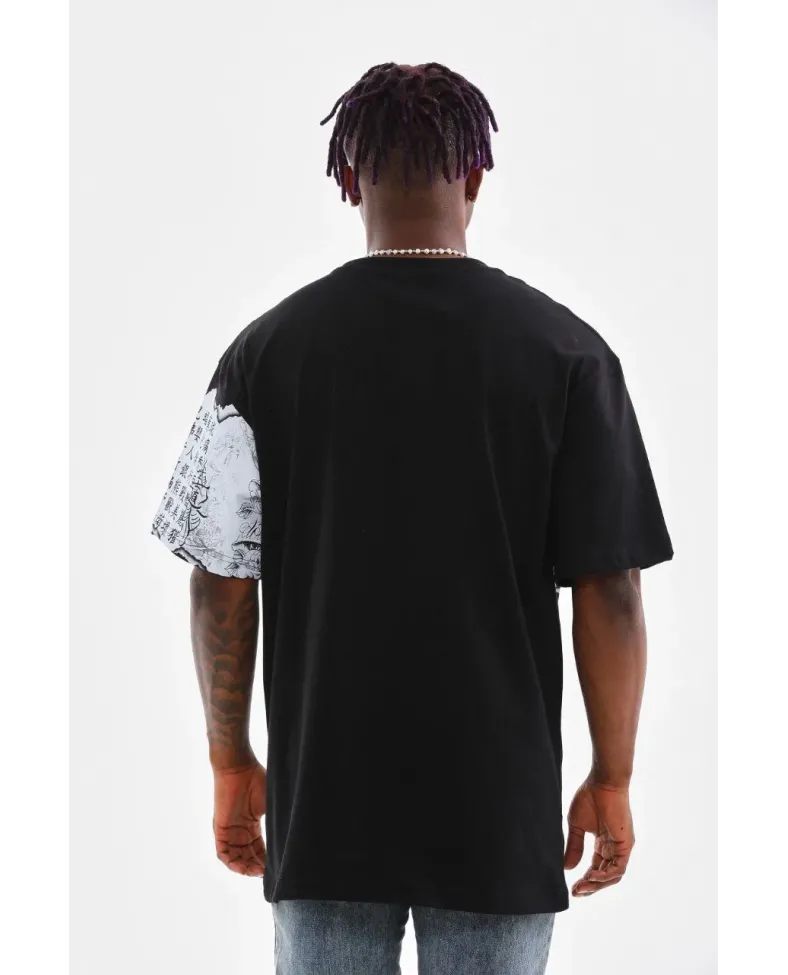 Erkek  Bisiklet Yaka Baskılı Oversize T-Shirt - Siyah