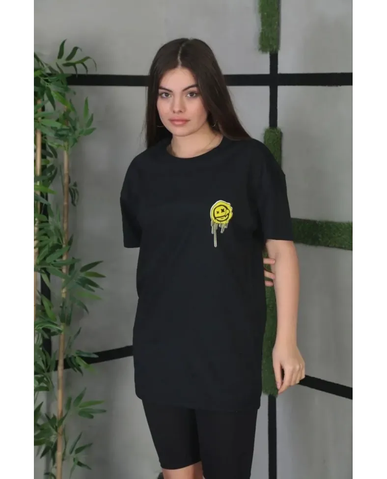 Kadın Bisiklet Yaka Baskılı Oversize T-Shirt - Siyah