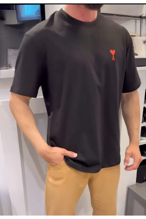 Erkek Kısa Kol Tişört Bisiklet Yaka KALP Baskılı Oversize T-Shirt - Siyah