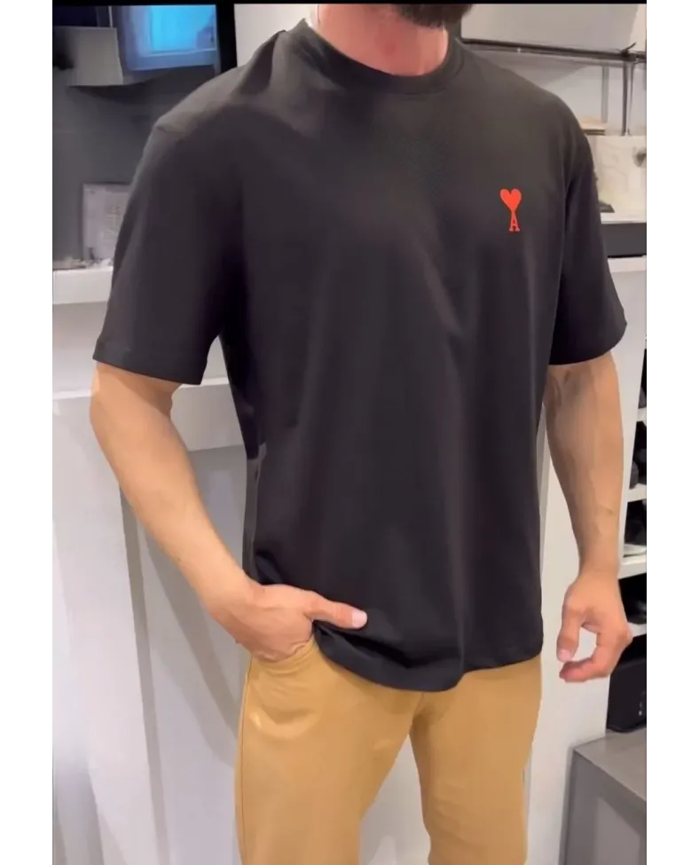 Erkek Kısa Kol Tişört Bisiklet Yaka KALP Baskılı Oversize T-Shirt - Siyah