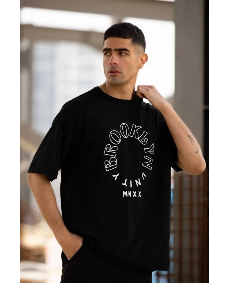 Erkek Baskılı T-Shirt Kısa Kol Bisiklet Yaka Regular Fit Rahat Kalıp Günlük Tişört - Siyah