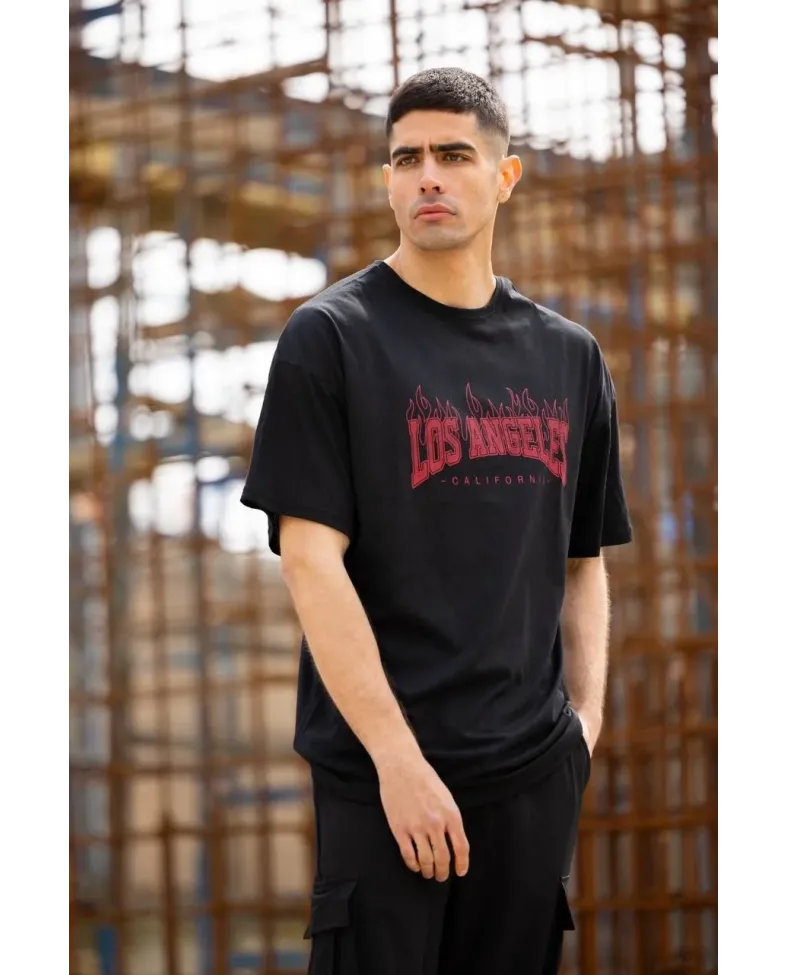 Unisex Bisiklet Yaka Baskılı Oversize T-Shirt - Siyah