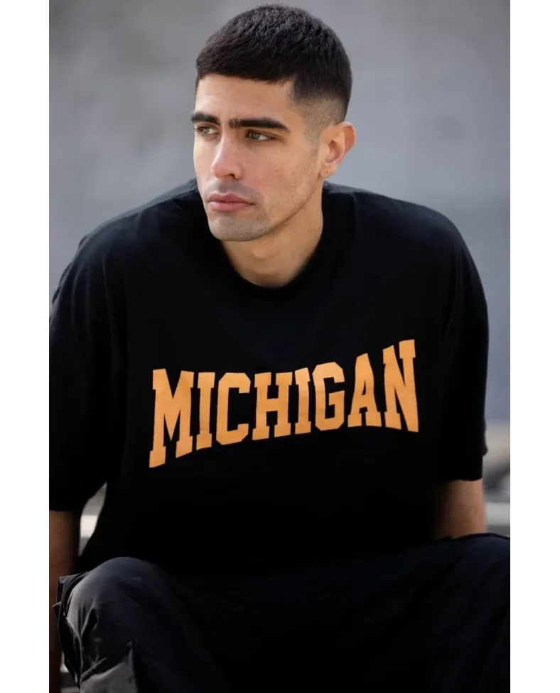 ERKEK Bisiklet Yaka Baskılı Oversize T-Shirt - Siyah