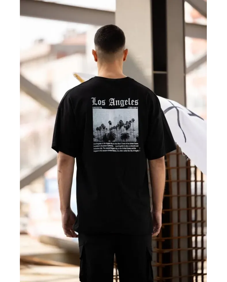 ERKEK Bisiklet Yaka Baskılı Oversize T-Shirt - Siyah