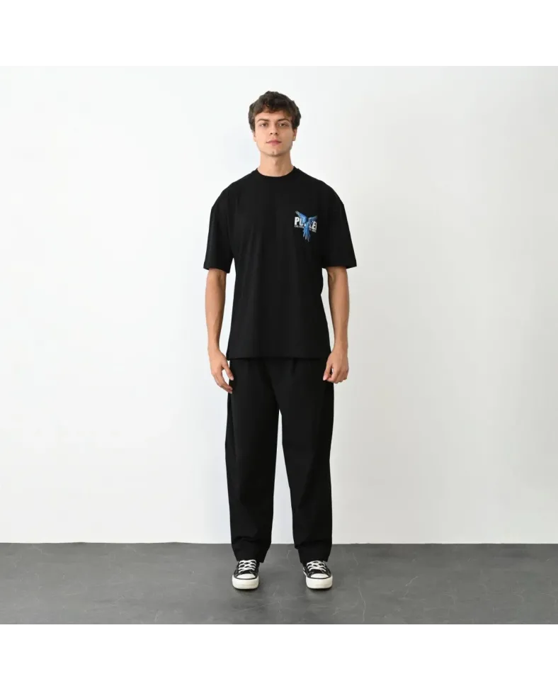 ERKEK Bisiklet Yaka Baskılı Oversize T-Shirt - Siyah