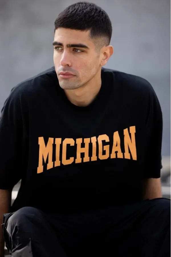 ERKEK Bisiklet Yaka Baskılı Oversize T-Shirt - Siyah