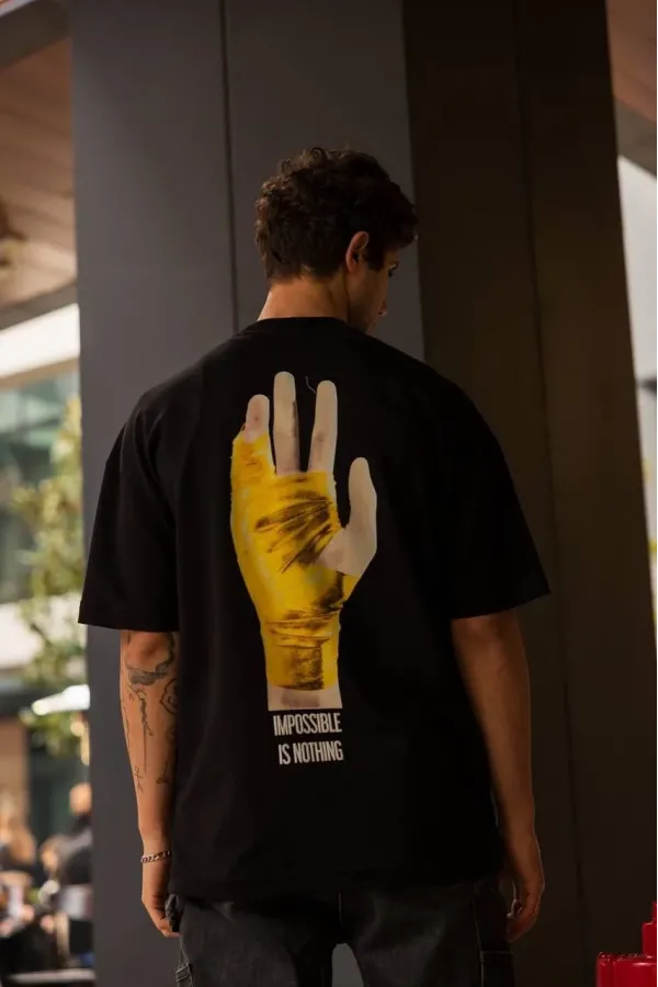 Erkek Bisiklet Yaka Baskılı Oversize T-Shirt - Siyah