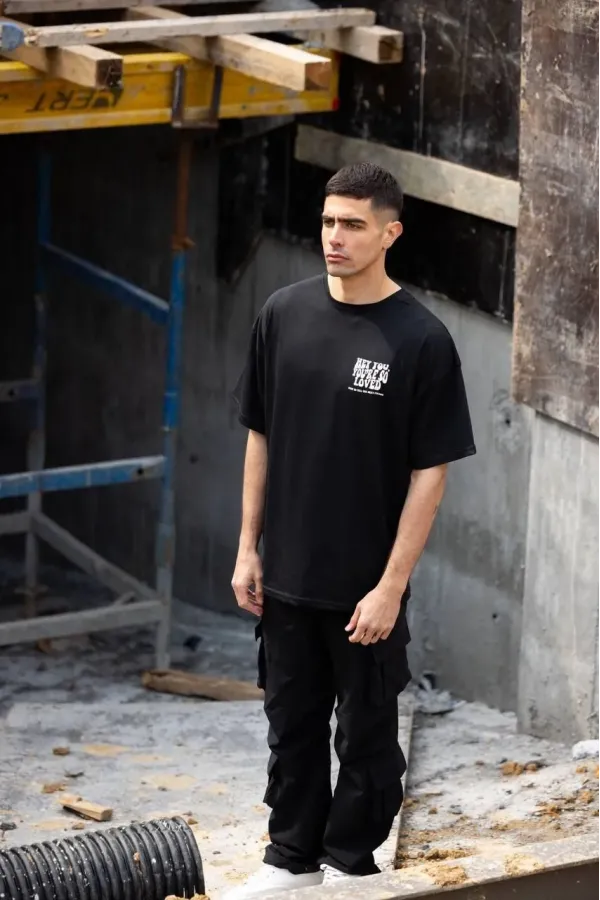 ERKEK Bisiklet Yaka Baskılı Oversize T-Shirt - Siyah