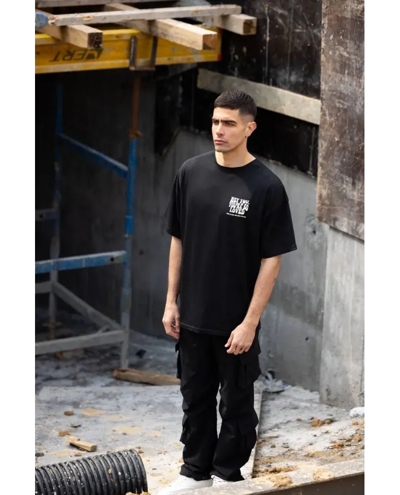 ERKEK Bisiklet Yaka Baskılı Oversize T-Shirt - Siyah