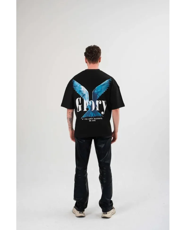 Erkek Bisiklet Yaka Baskılı Oversize T-Shirt - Siyah