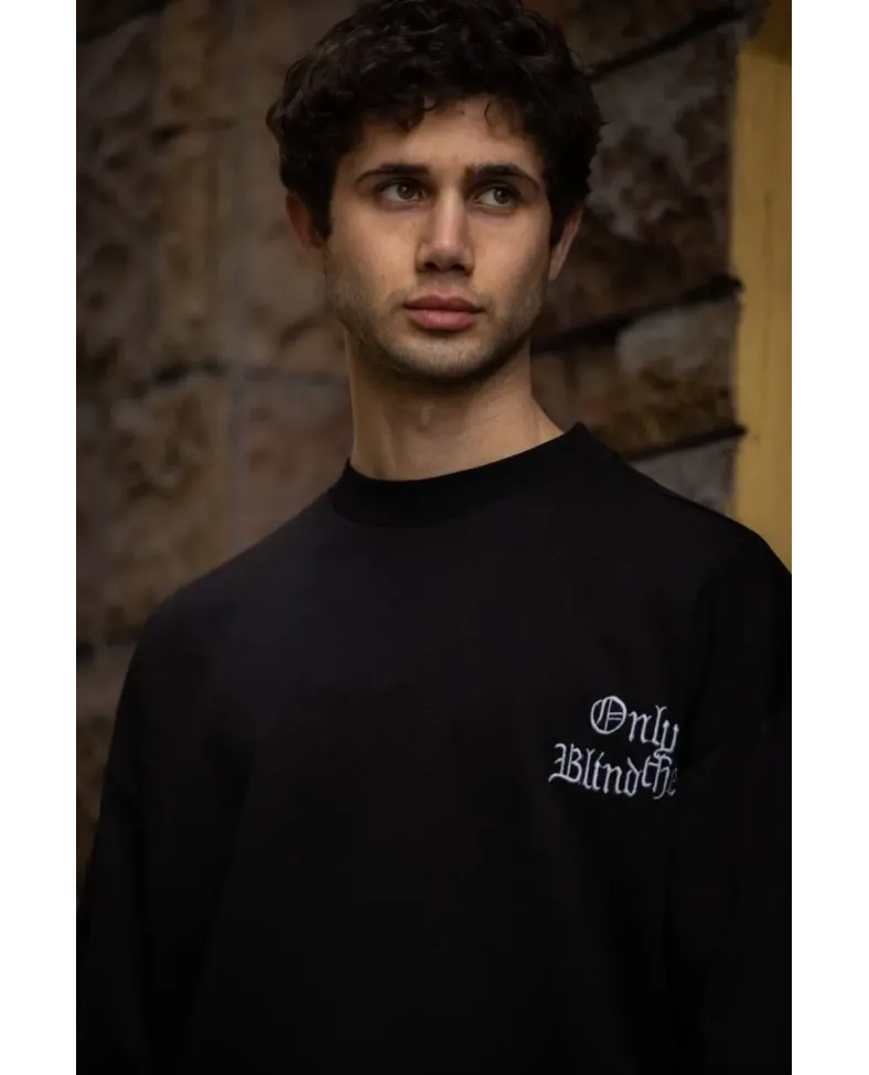 Erkek Bisiklet Yaka Baskılı Oversize T-Shirt - Siyah