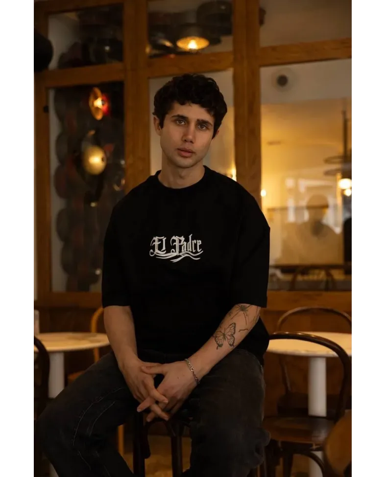 Erkek Bisiklet Yaka Baskılı Oversize T-Shirt - Siyah