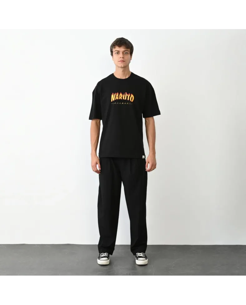 Erkek Bisiklet Yaka Baskılı Oversize T-Shirt - Siyah