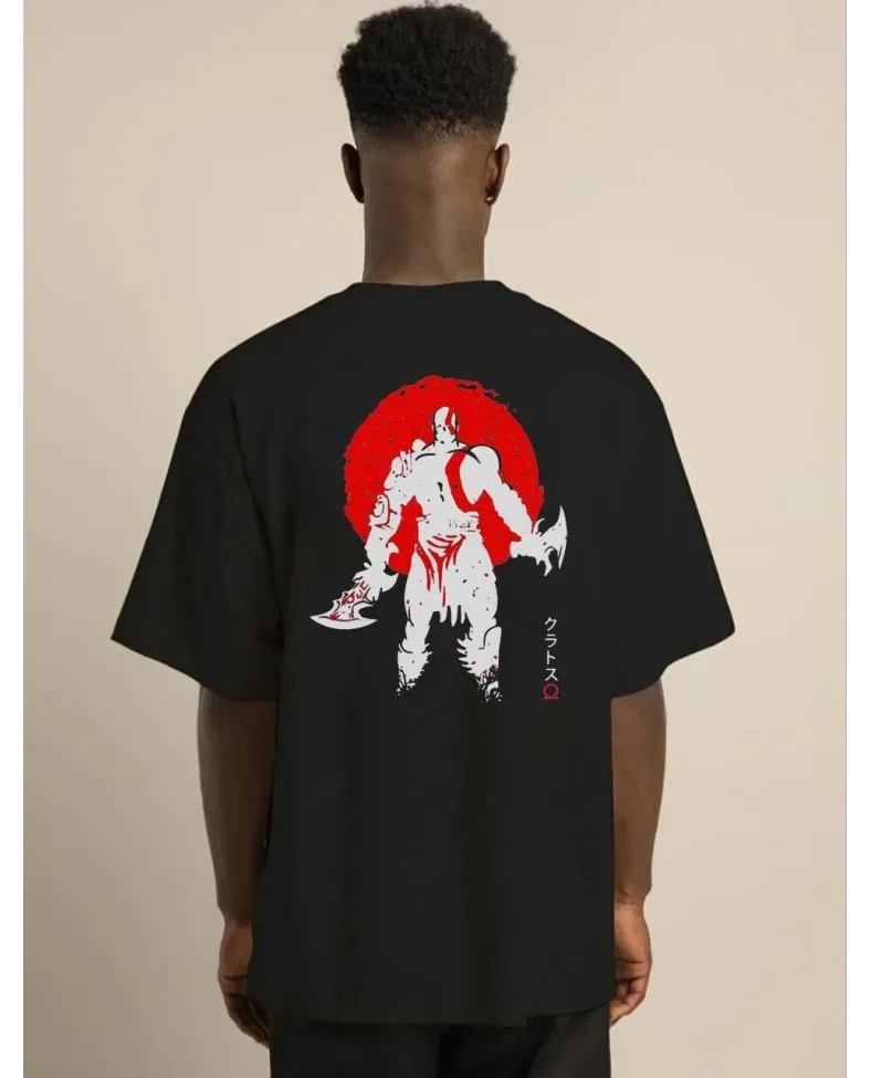 Erkek  Bisiklet Yaka Baskılı Oversize T-Shirt - Siyah