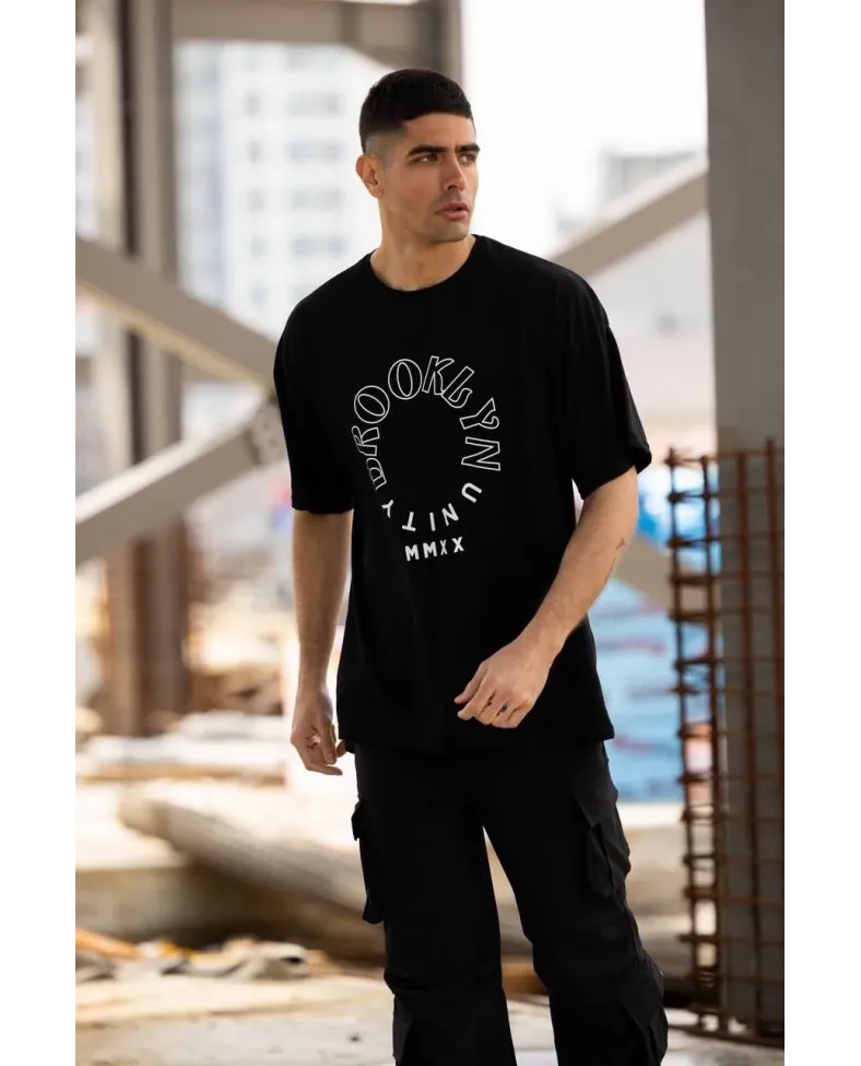 Erkek Baskılı T-Shirt Kısa Kol Bisiklet Yaka Regular Fit Rahat Kalıp Günlük Tişört - Siyah