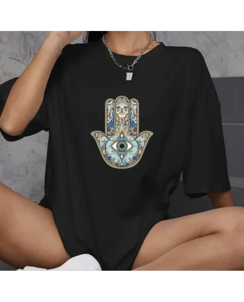 kadın  Bisiklet Yaka Baskılı Oversize T-Shirt - Siyah