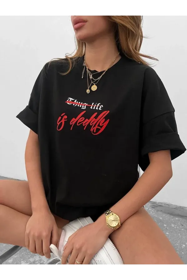 kadın Bisiklet Yaka Baskılı Oversize T-Shirt - Siyah