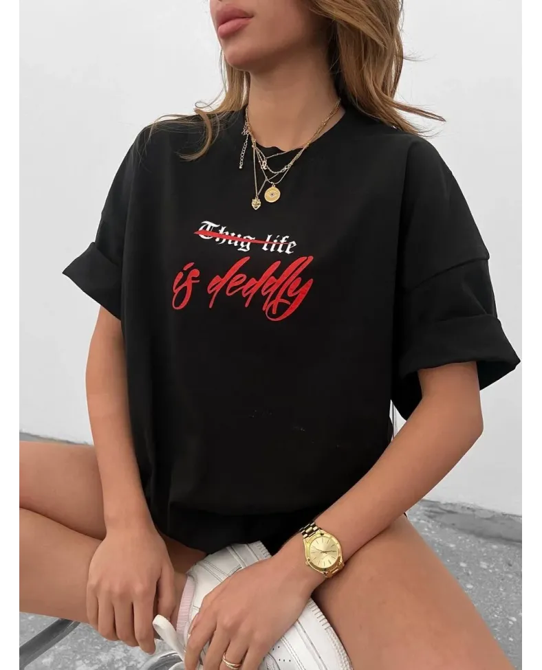 kadın Bisiklet Yaka Baskılı Oversize T-Shirt - Siyah