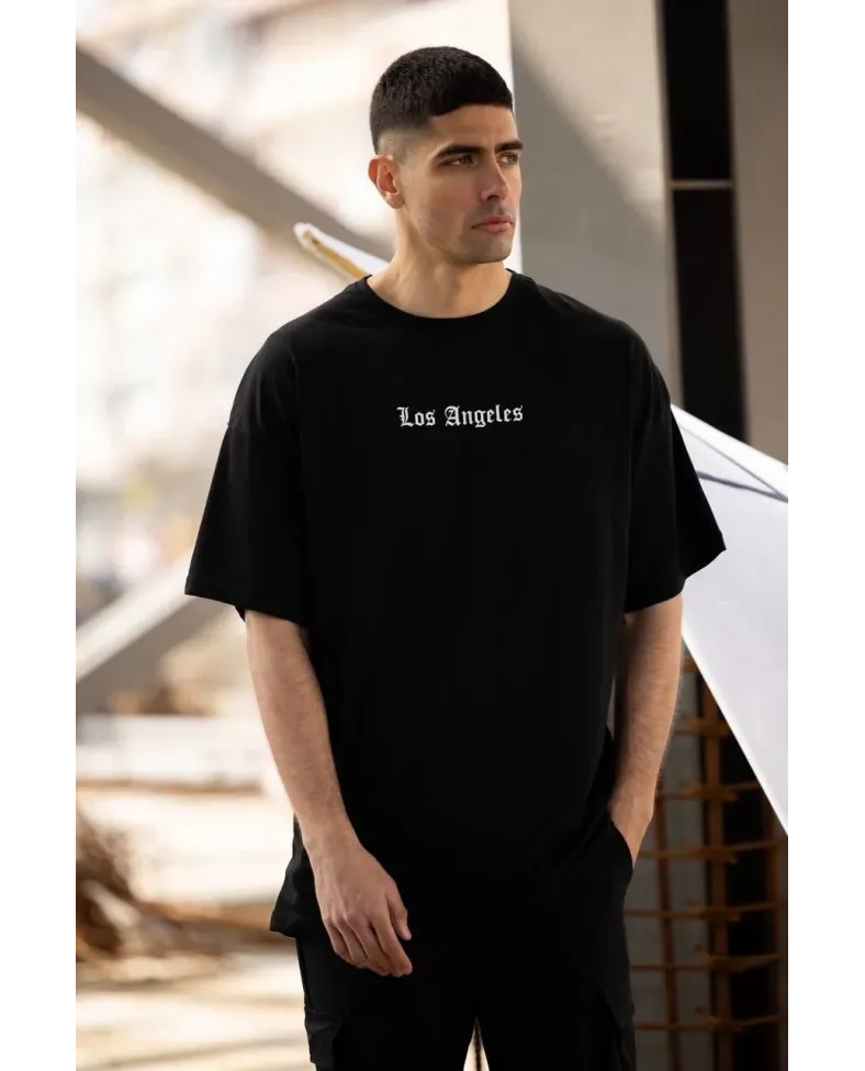 ERKEK Bisiklet Yaka Baskılı Oversize T-Shirt - Siyah