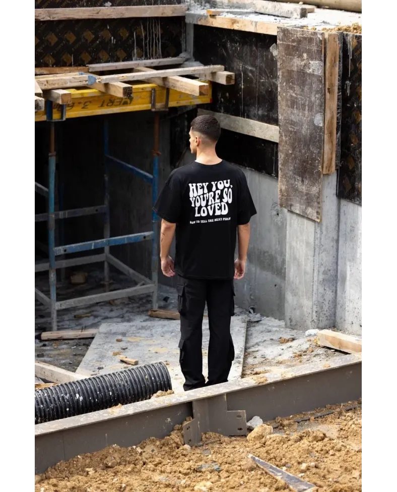 ERKEK Bisiklet Yaka Baskılı Oversize T-Shirt - Siyah