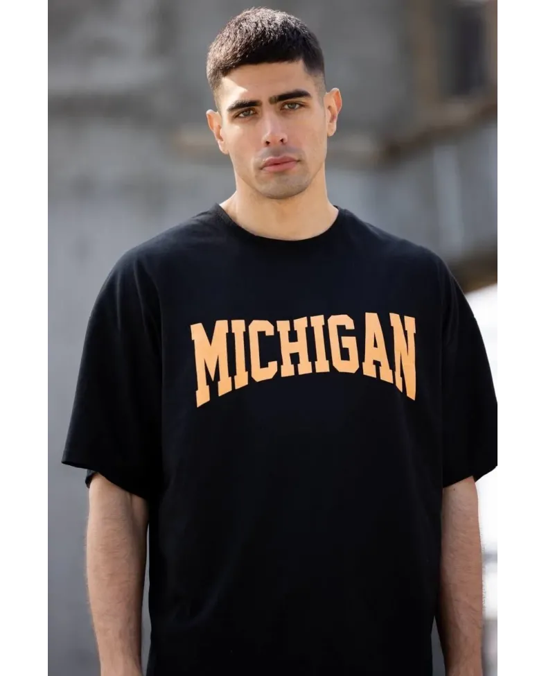 ERKEK Bisiklet Yaka Baskılı Oversize T-Shirt - Siyah