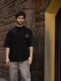 Erkek Bisiklet Yaka Baskılı Oversize T-Shirt - Siyah