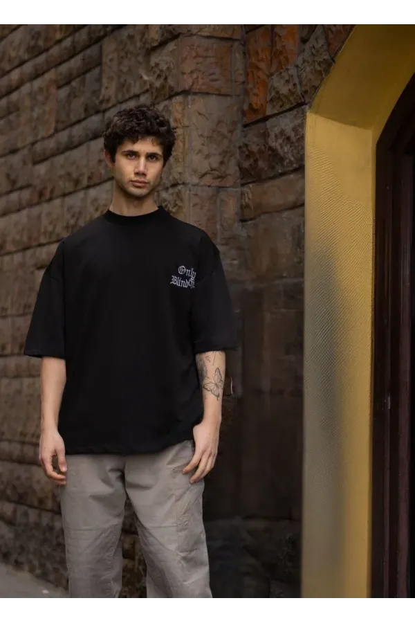 Erkek Bisiklet Yaka Baskılı Oversize T-Shirt - Siyah