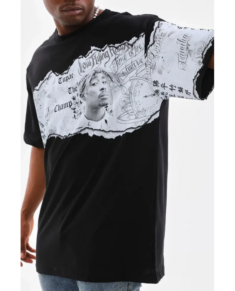 Erkek  Bisiklet Yaka Baskılı Oversize T-Shirt - Siyah