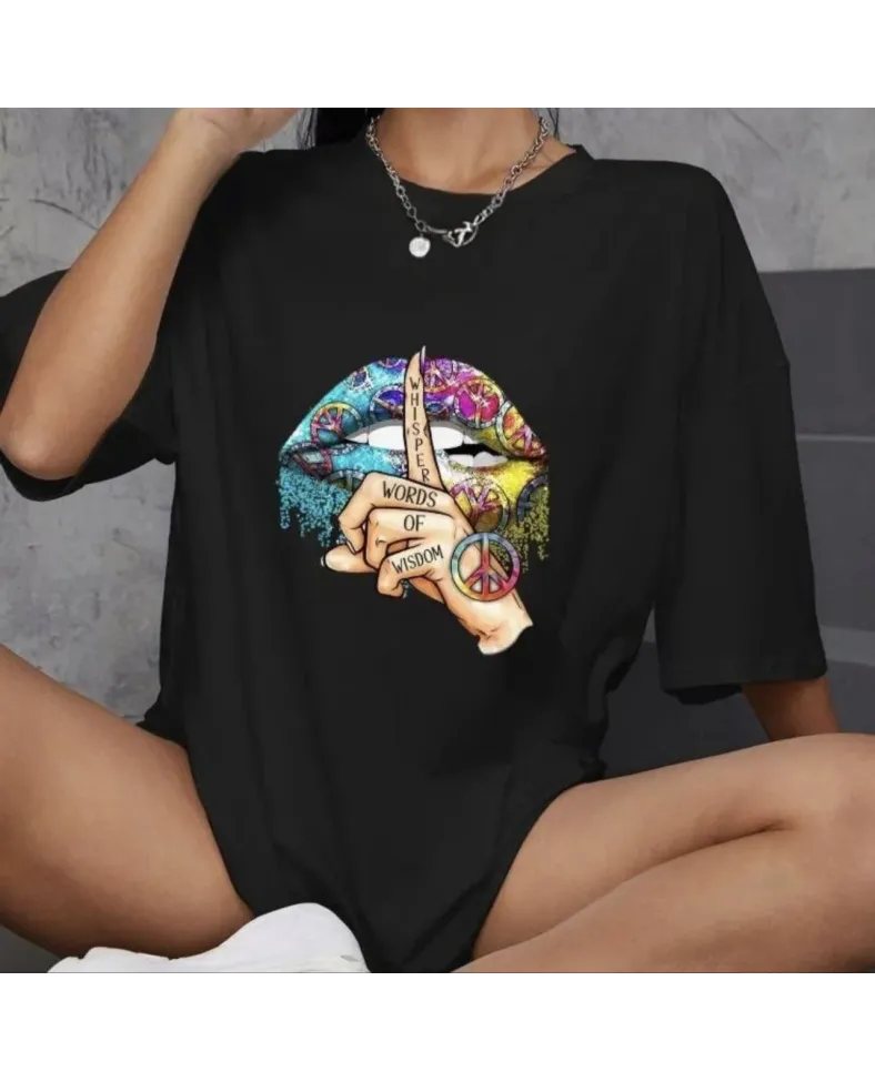 kadın  Bisiklet Yaka Baskılı Oversize T-Shirt - Siyah