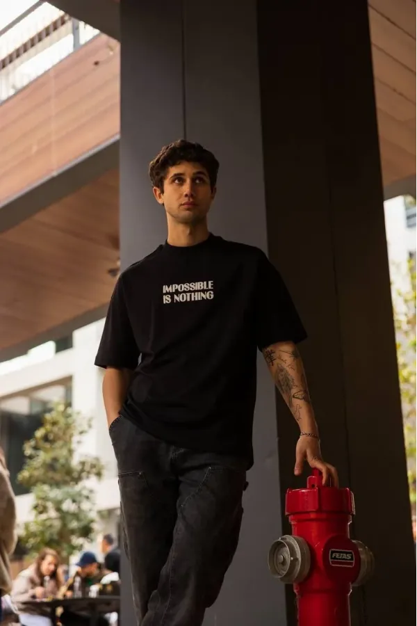 Erkek Bisiklet Yaka Baskılı Oversize T-Shirt - Siyah