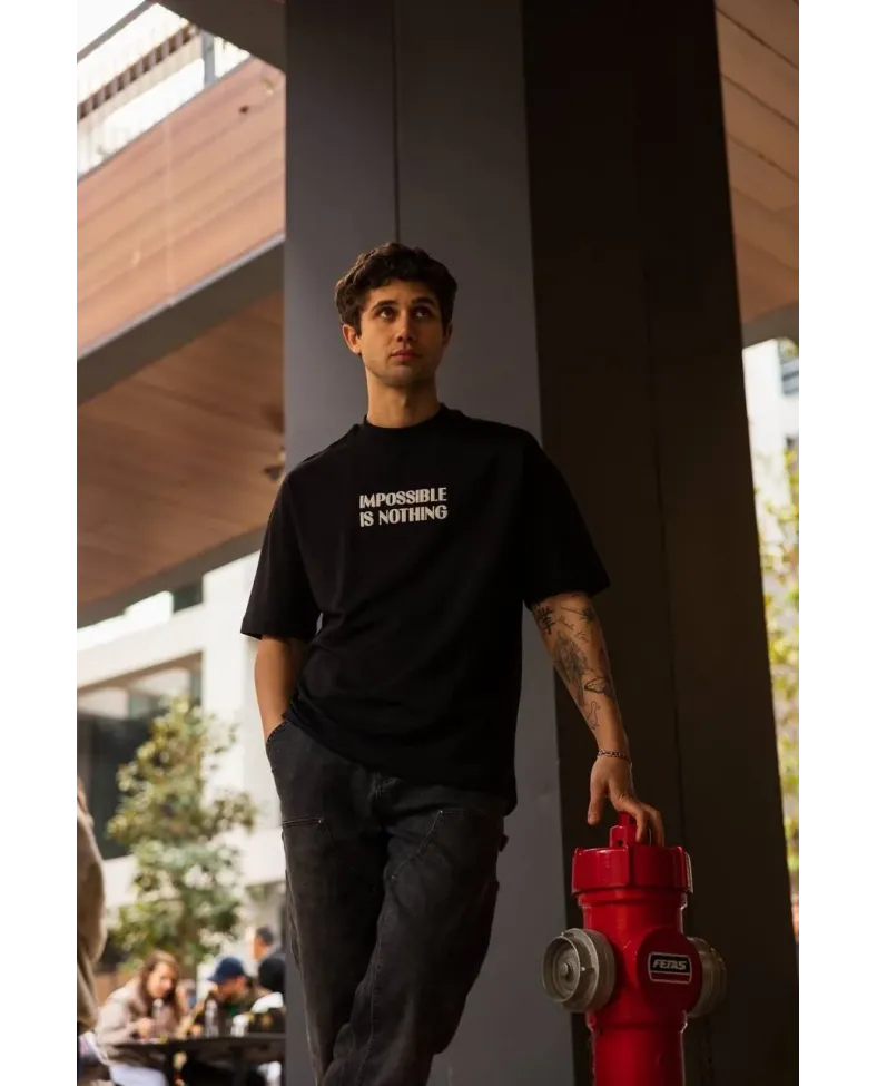 Erkek Bisiklet Yaka Baskılı Oversize T-Shirt - Siyah